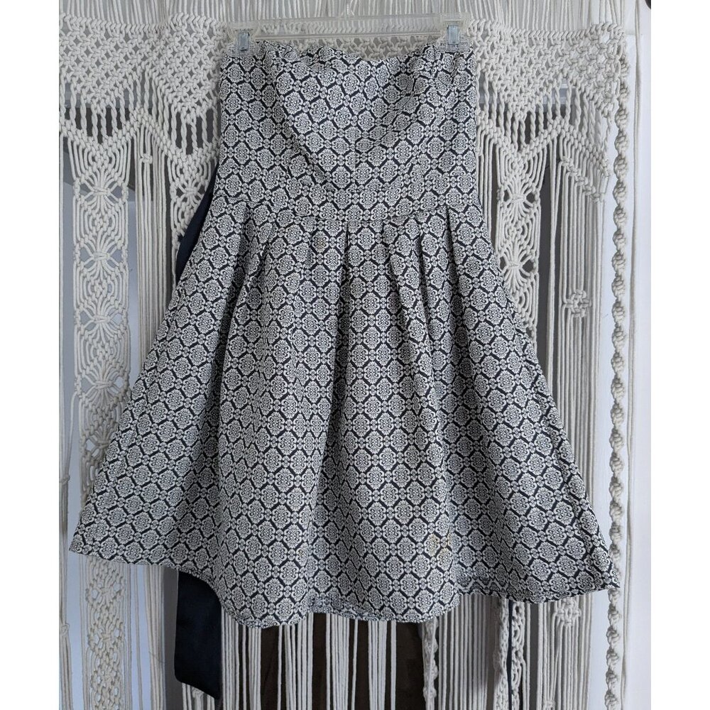 Navy and White Jacquard Strapless Dress Md With Ribbon Waist Tie